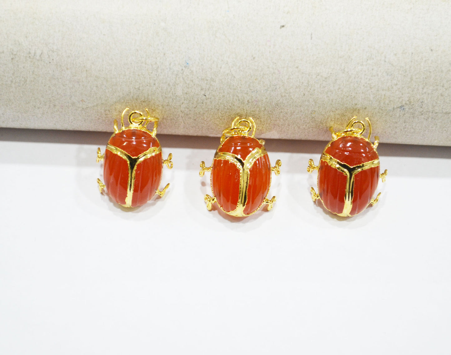 Carnelian Electroplated Beetle Pendant , Egyptian Scarab Carnelian Charm , Sold By Piece , Use To Make Jewelry , 1.80 - 2.25 cm , 32489