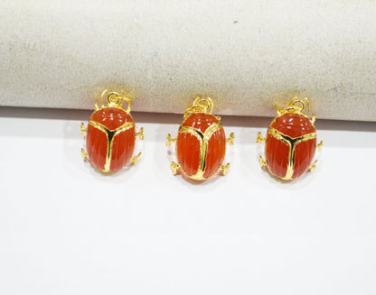 Carnelian Electroplated Beetle Pendant , Egyptian Scarab Carnelian Charm , Sold By Piece , Use To Make Jewelry , 1.80 - 2.25 cm , 32489