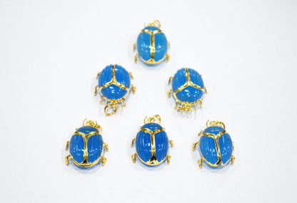 Blue Chalcedony Electroplated Beetle Pendant , Egyptian Scarab Blue Chalcedony Charm , Sold By Piece , Use To Make Jewelry , 2 - 2.25 cm , 32490