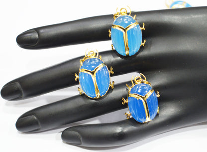 Blue Chalcedony Electroplated Beetle Pendant , Egyptian Scarab Blue Chalcedony Charm , Sold By Piece , Use To Make Jewelry , 2 - 2.25 cm , 32490