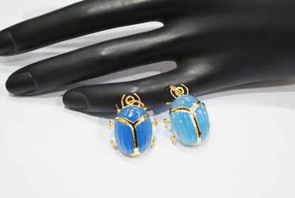 Blue Chalcedony Electroplated Beetle Pendant , Egyptian Scarab Blue Chalcedony Charm , Sold By Piece , Use To Make Jewelry , 2 - 2.25 cm , 32490