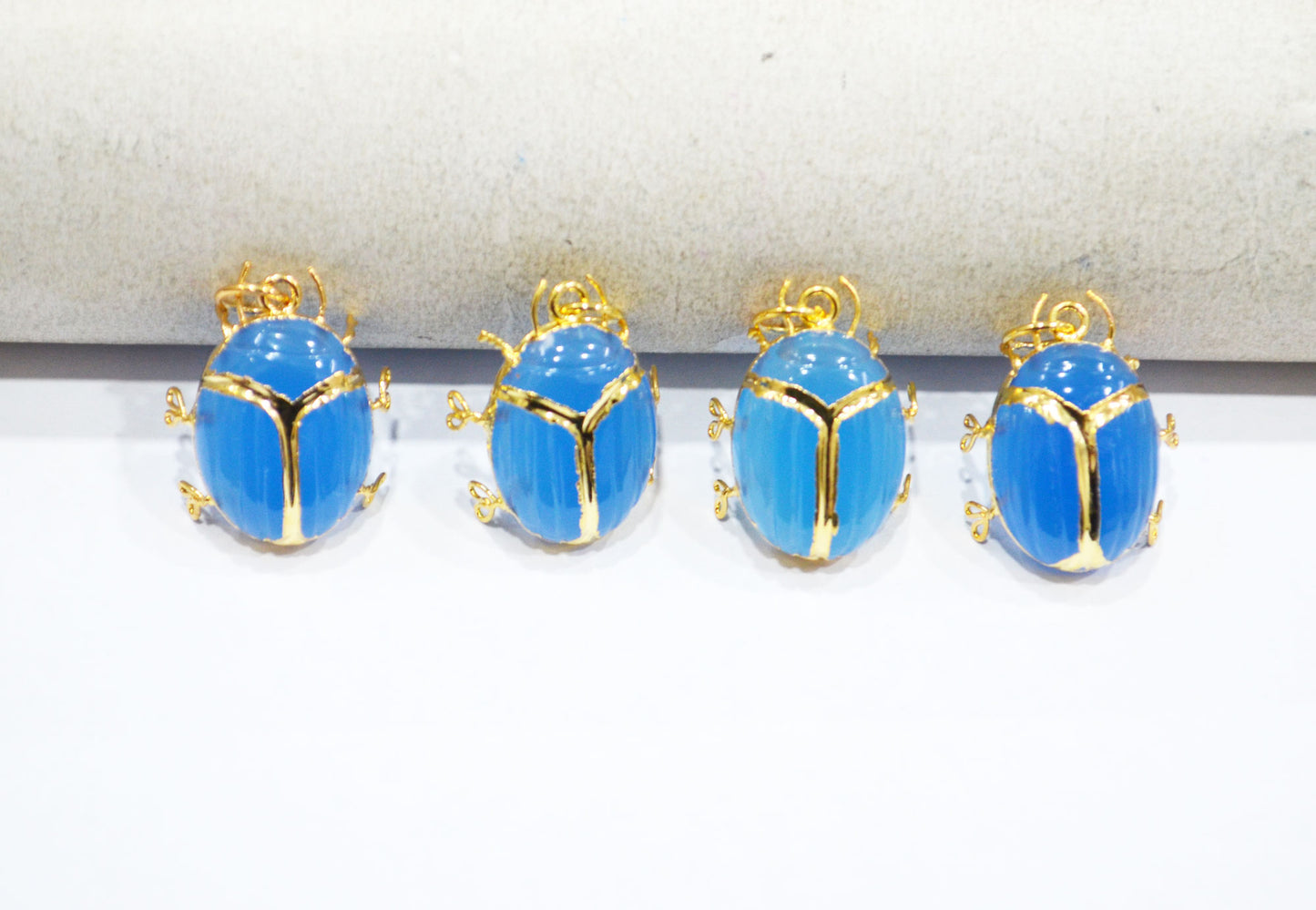Blue Chalcedony Electroplated Beetle Pendant , Egyptian Scarab Blue Chalcedony Charm , Sold By Piece , Use To Make Jewelry , 2 - 2.25 cm , 32490