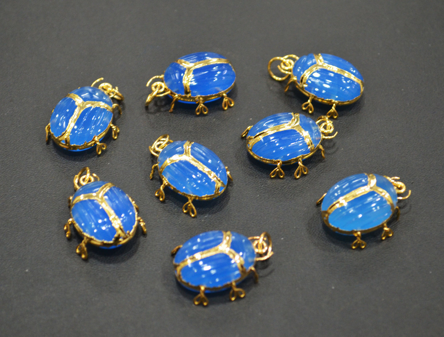 Blue Chalcedony Electroplated Beetle Pendant , Egyptian Scarab Blue Chalcedony Charm , Sold By Piece , Use To Make Jewelry , 2 - 2.25 cm , 32490