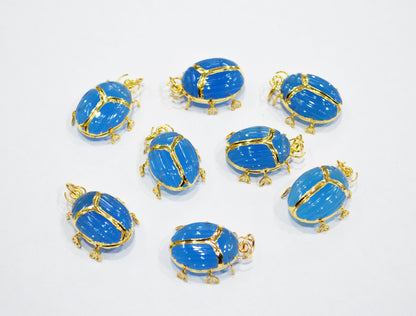 Blue Chalcedony Electroplated Beetle Pendant , Egyptian Scarab Blue Chalcedony Charm , Sold By Piece , Use To Make Jewelry , 2 - 2.25 cm , 32490