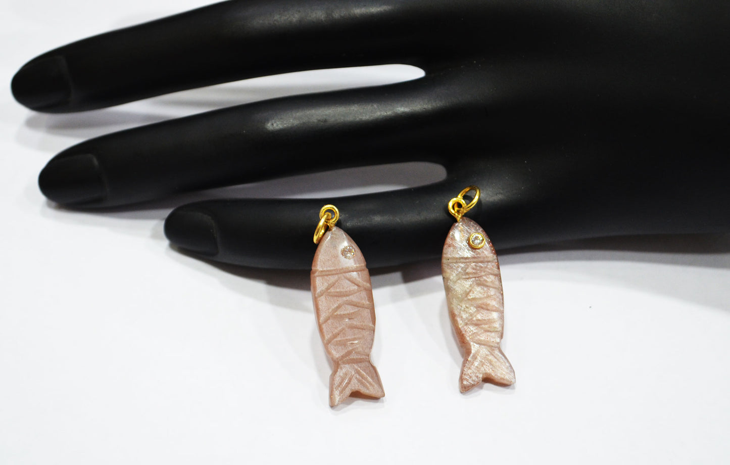 Peach Moonstone Carved Fish Shape Connector , Peach Moonstone With White Cubic Zirconia Single Bail Bezel Pendant , Sold By Piece , 9x31 mm , 32491