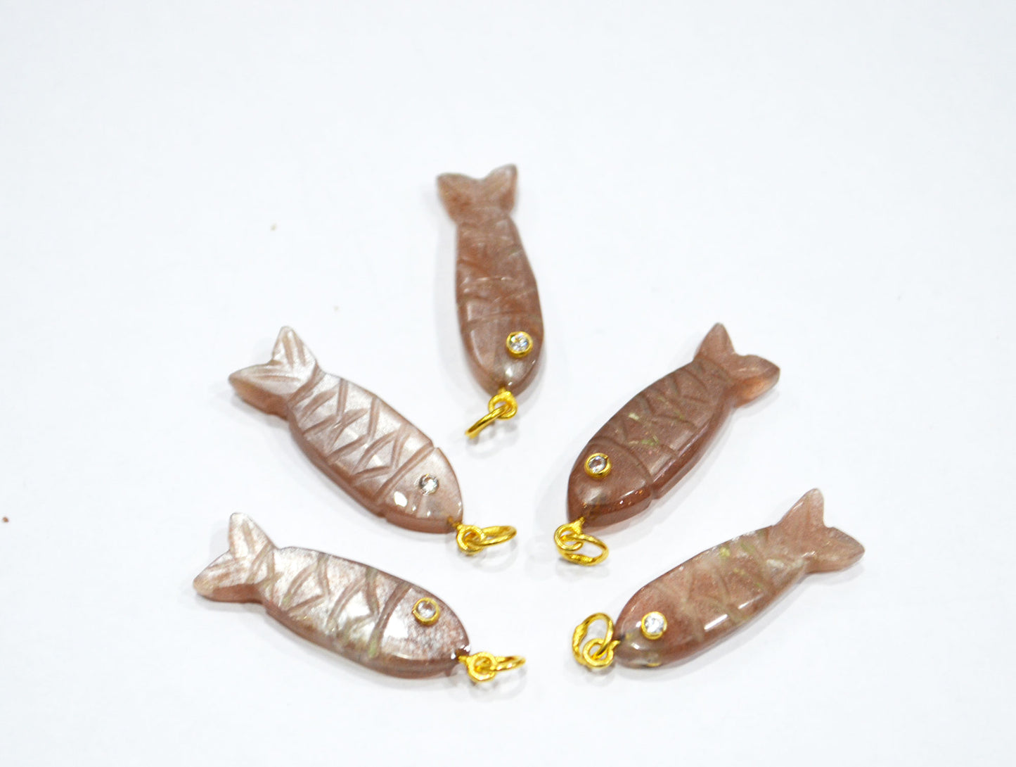 Peach Moonstone Carved Fish Shape Connector , Peach Moonstone With White Cubic Zirconia Single Bail Bezel Pendant , Sold By Piece , 9x31 mm , 32491