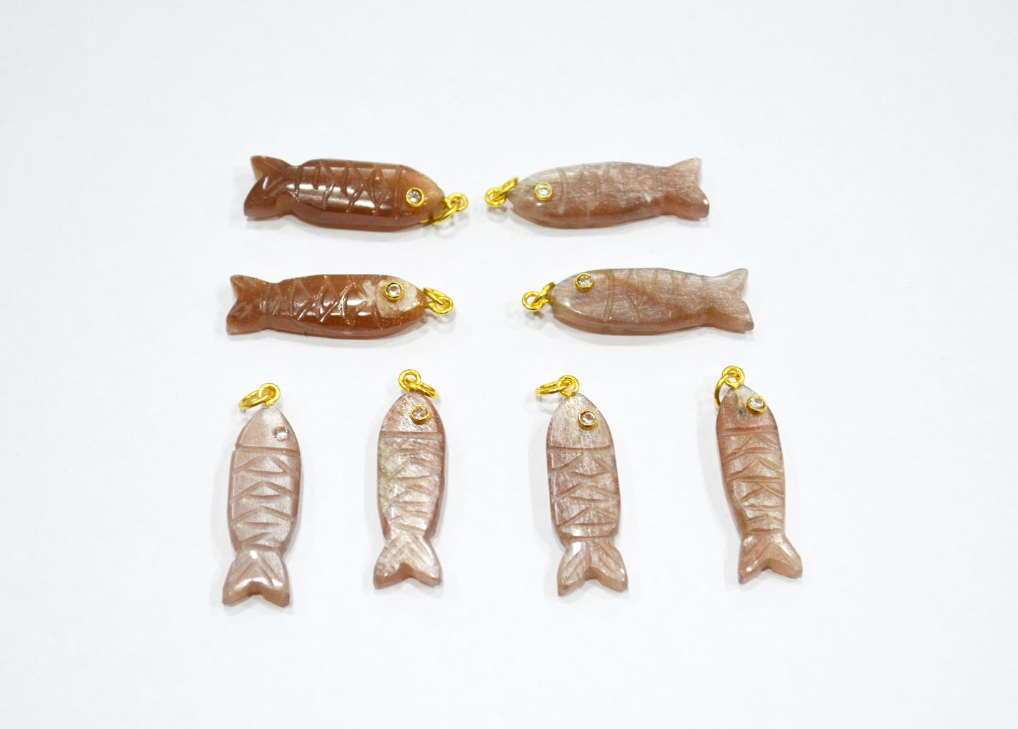 Peach Moonstone Carved Fish Shape Connector , Peach Moonstone With White Cubic Zirconia Single Bail Bezel Pendant , Sold By Piece , 9x31 mm , 32491