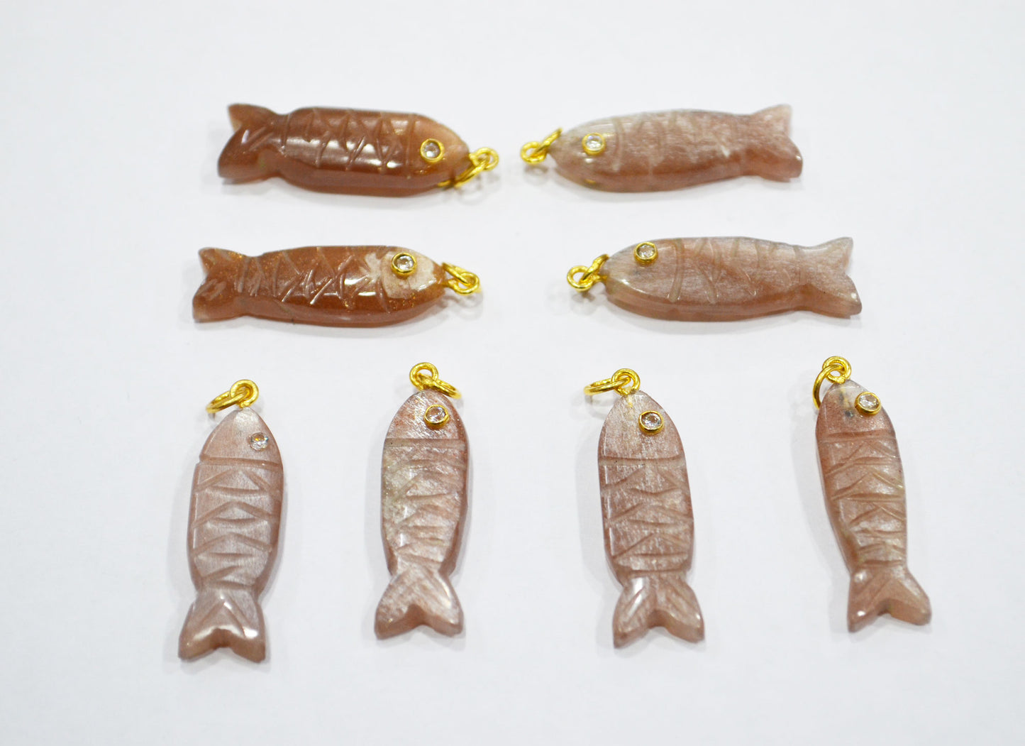 Peach Moonstone Carved Fish Shape Connector , Peach Moonstone With White Cubic Zirconia Single Bail Bezel Pendant , Sold By Piece , 9x31 mm , 32491