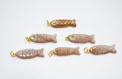 Peach Moonstone Carved Fish Shape Connector , Peach Moonstone With White Cubic Zirconia Single Bail Bezel Pendant , Sold By Piece , 9x31 mm , 32491