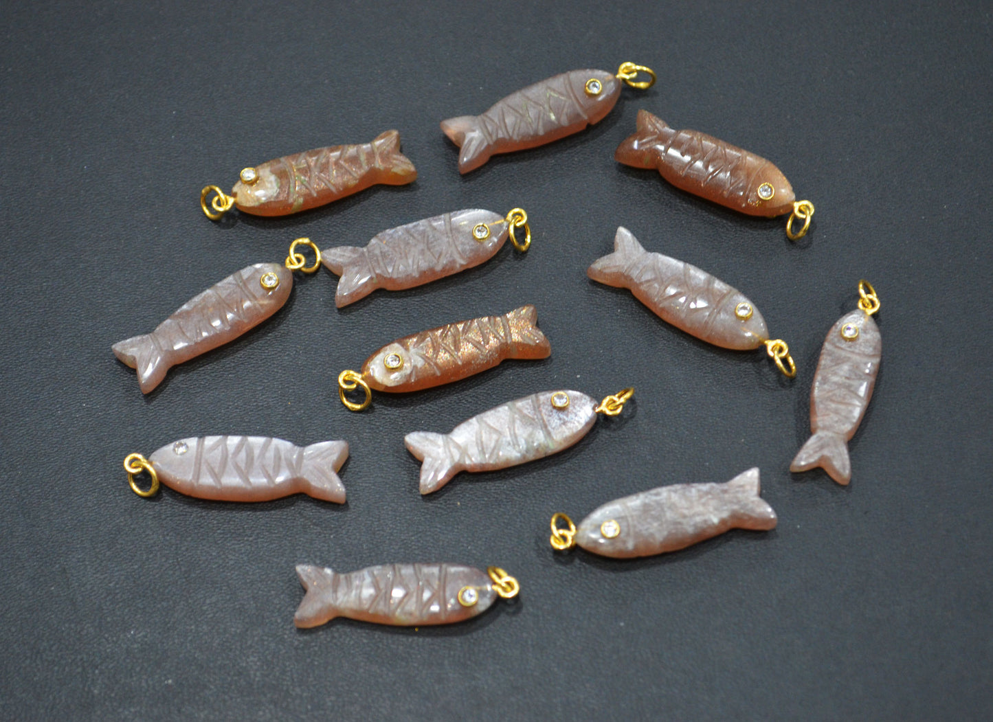 Peach Moonstone Carved Fish Shape Connector , Peach Moonstone With White Cubic Zirconia Single Bail Bezel Pendant , Sold By Piece , 9x31 mm , 32491