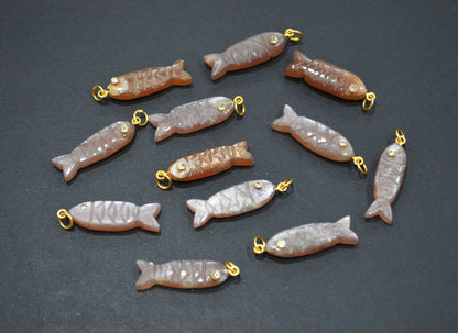 Peach Moonstone Carved Fish Shape Connector , Peach Moonstone With White Cubic Zirconia Single Bail Bezel Pendant , Sold By Piece , 9x31 mm , 32491