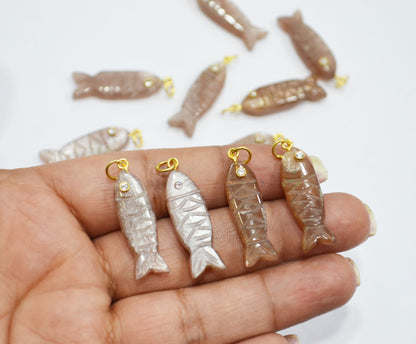 Peach Moonstone Carved Fish Shape Connector , Peach Moonstone With White Cubic Zirconia Single Bail Bezel Pendant , Sold By Piece , 9x31 mm , 32491