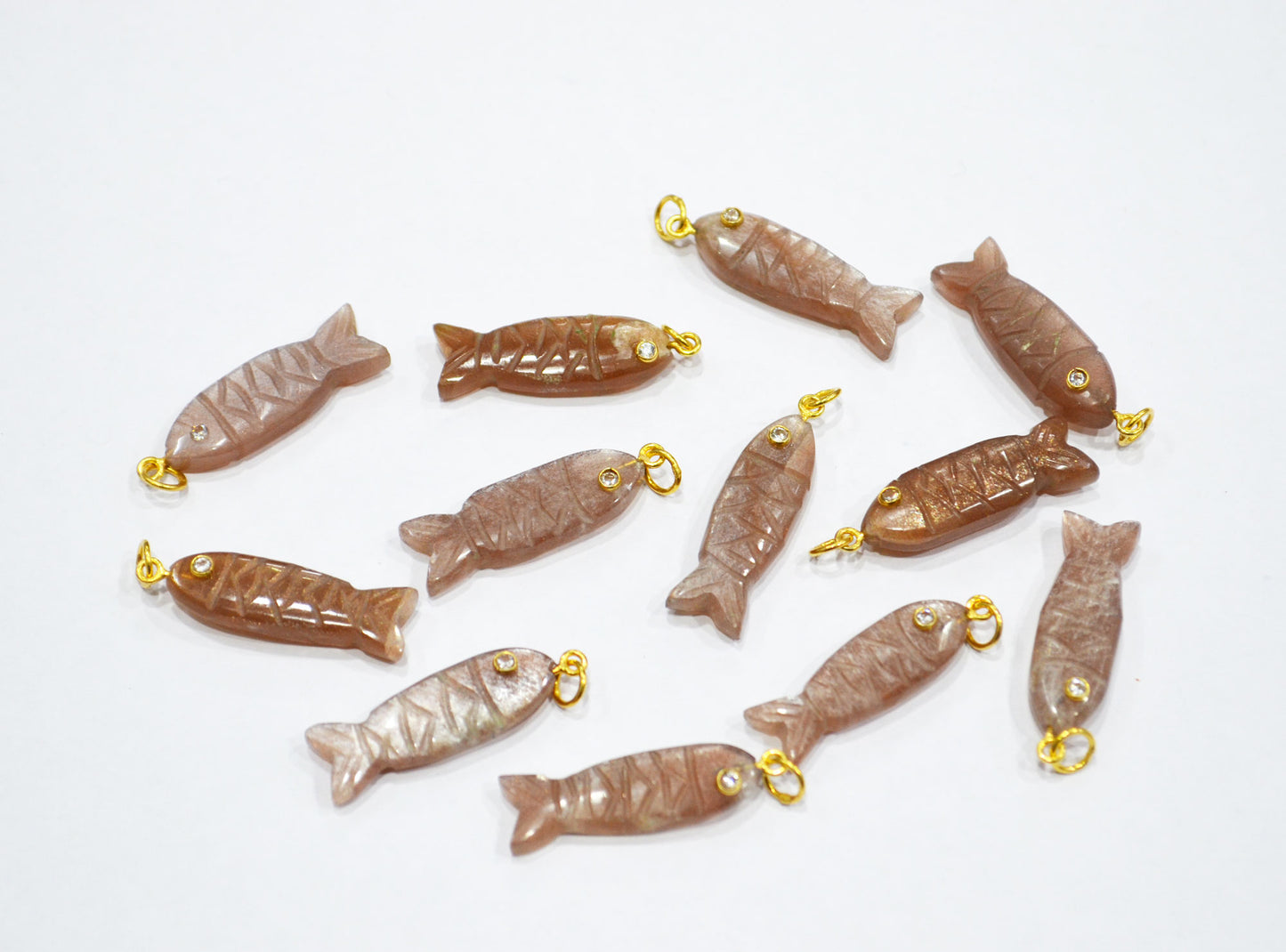 Peach Moonstone Carved Fish Shape Connector , Peach Moonstone With White Cubic Zirconia Single Bail Bezel Pendant , Sold By Piece , 9x31 mm , 32491