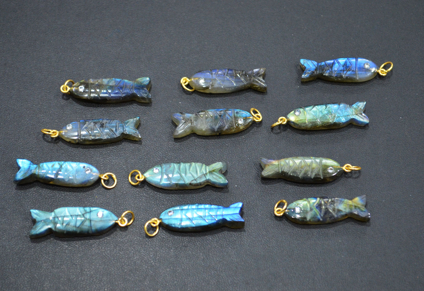 Labradorite Carved Fish Shape Connector , Labradorite With White Cubic Zirconia Single Bail Bezel Pendant , Sold By Piece , 9x31 mm , 32492