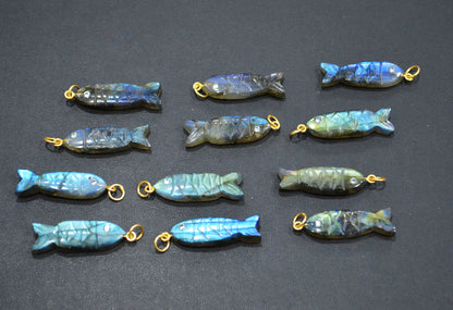 Labradorite Carved Fish Shape Connector , Labradorite With White Cubic Zirconia Single Bail Bezel Pendant , Sold By Piece , 9x31 mm , 32492