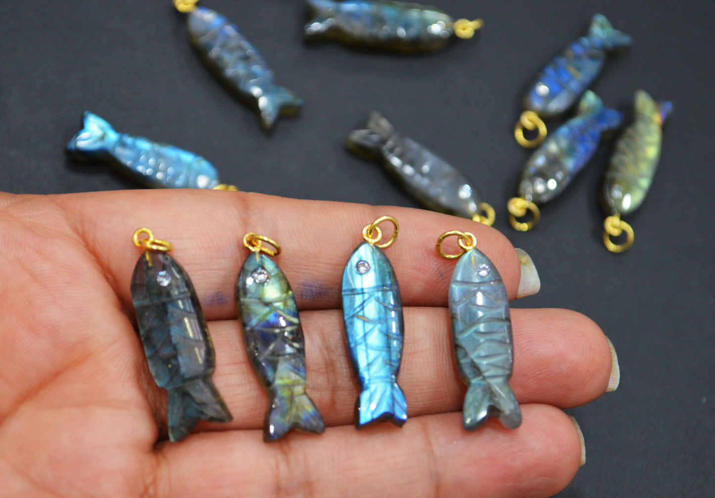 Labradorite Carved Fish Shape Connector , Labradorite With White Cubic Zirconia Single Bail Bezel Pendant , Sold By Piece , 9x31 mm , 32492