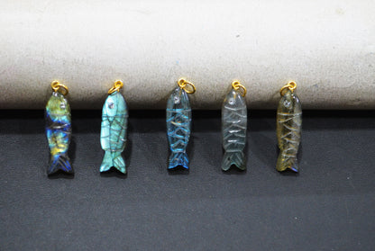 Labradorite Carved Fish Shape Connector , Labradorite With White Cubic Zirconia Single Bail Bezel Pendant , Sold By Piece , 9x31 mm , 32492