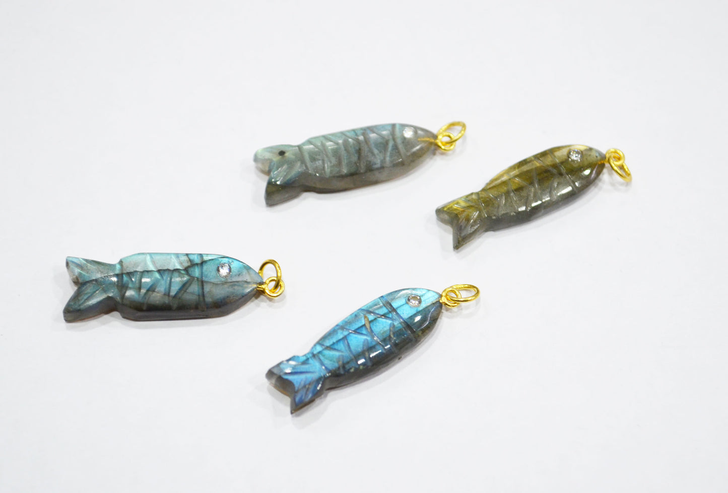 Labradorite Carved Fish Shape Connector , Labradorite With White Cubic Zirconia Single Bail Bezel Pendant , Sold By Piece , 9x31 mm , 32492