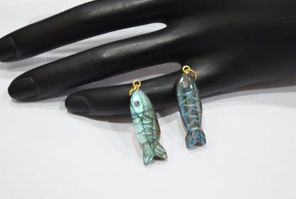 Labradorite Carved Fish Shape Connector , Labradorite With White Cubic Zirconia Single Bail Bezel Pendant , Sold By Piece , 9x31 mm , 32492