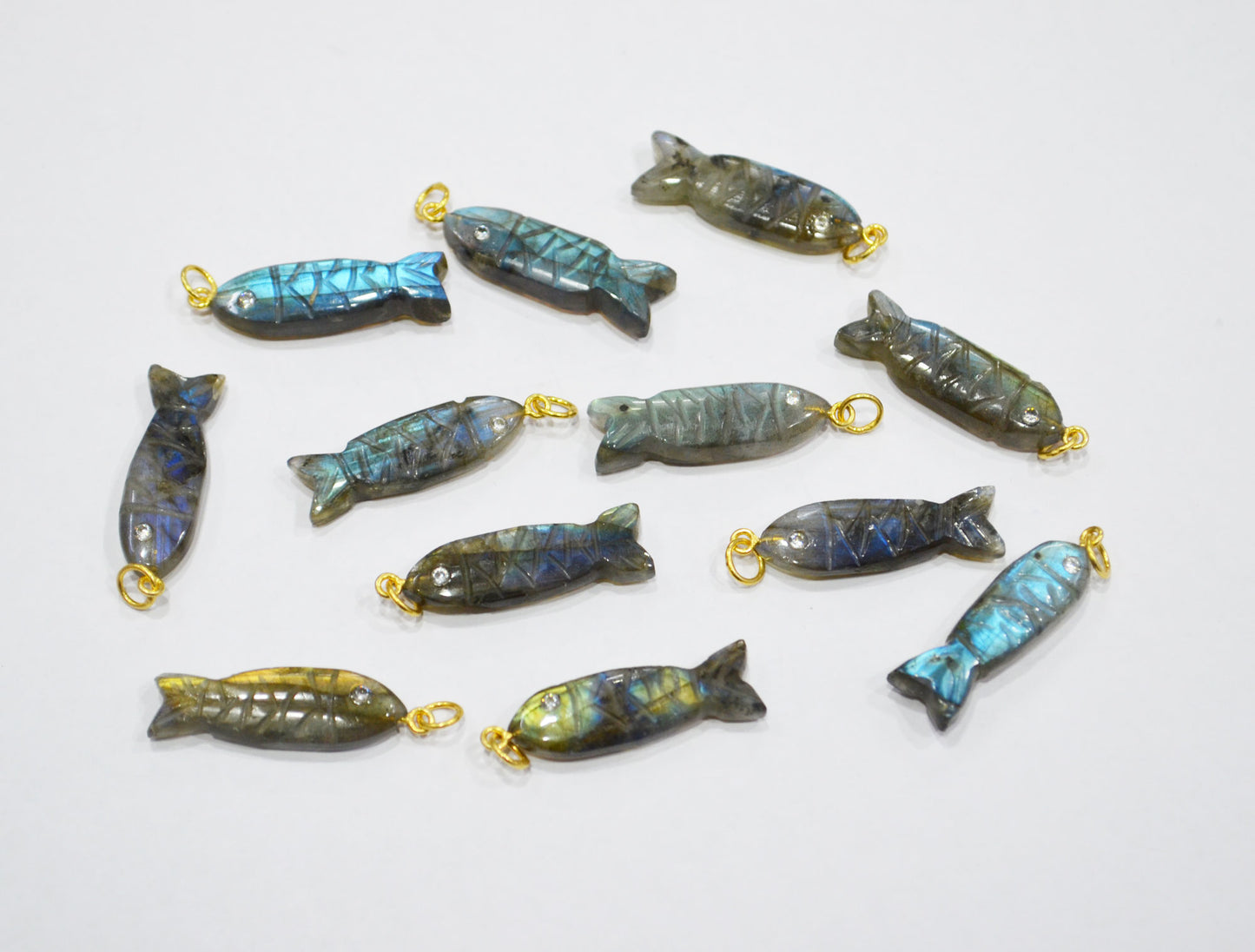 Labradorite Carved Fish Shape Connector , Labradorite With White Cubic Zirconia Single Bail Bezel Pendant , Sold By Piece , 9x31 mm , 32492