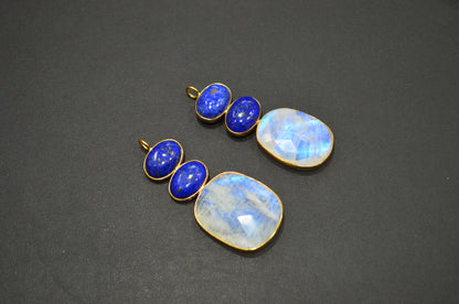 Rainbow Moonstone With Lapis Lazuli Fancy Shape Connector , Sold By Piece , 55 - 63 mm , 32495