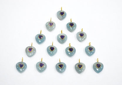 Aquamarine Smooth Heart Shape With Amethyst Inlay Single Bail Connector , Sold By Piece , 15 mm , 32500