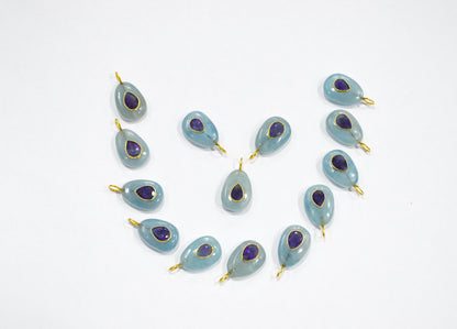 Aquamarine Smooth Egg Shape With Amethyst Inlay Single Bail Connector , Sold By Piece , 12x18 mm , 32502