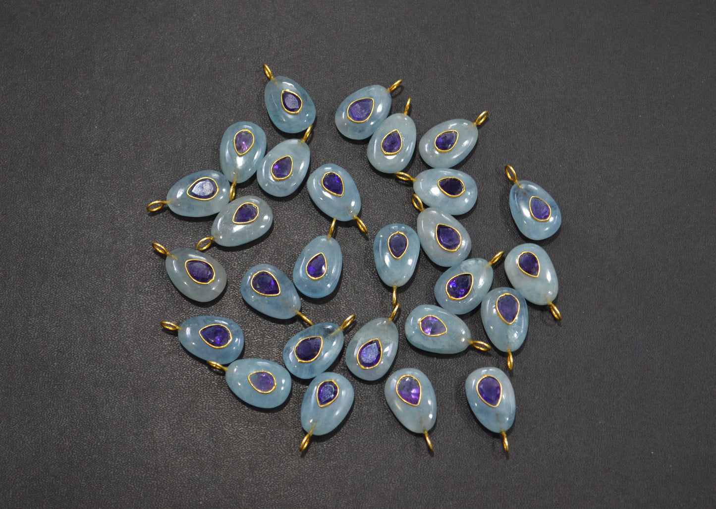 Aquamarine Smooth Egg Shape With Amethyst Inlay Single Bail Connector , Sold By Piece , 12x18 mm , 32502