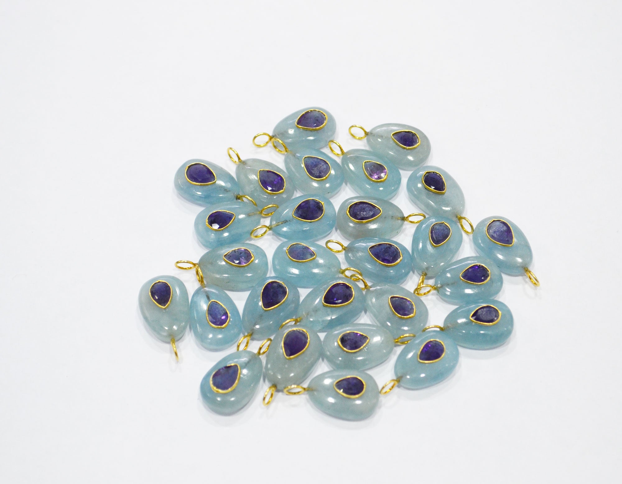 Aquamarine Smooth Egg Shape With Amethyst Inlay Single Bail Connector , Sold By Piece , 12x18 mm , 32502