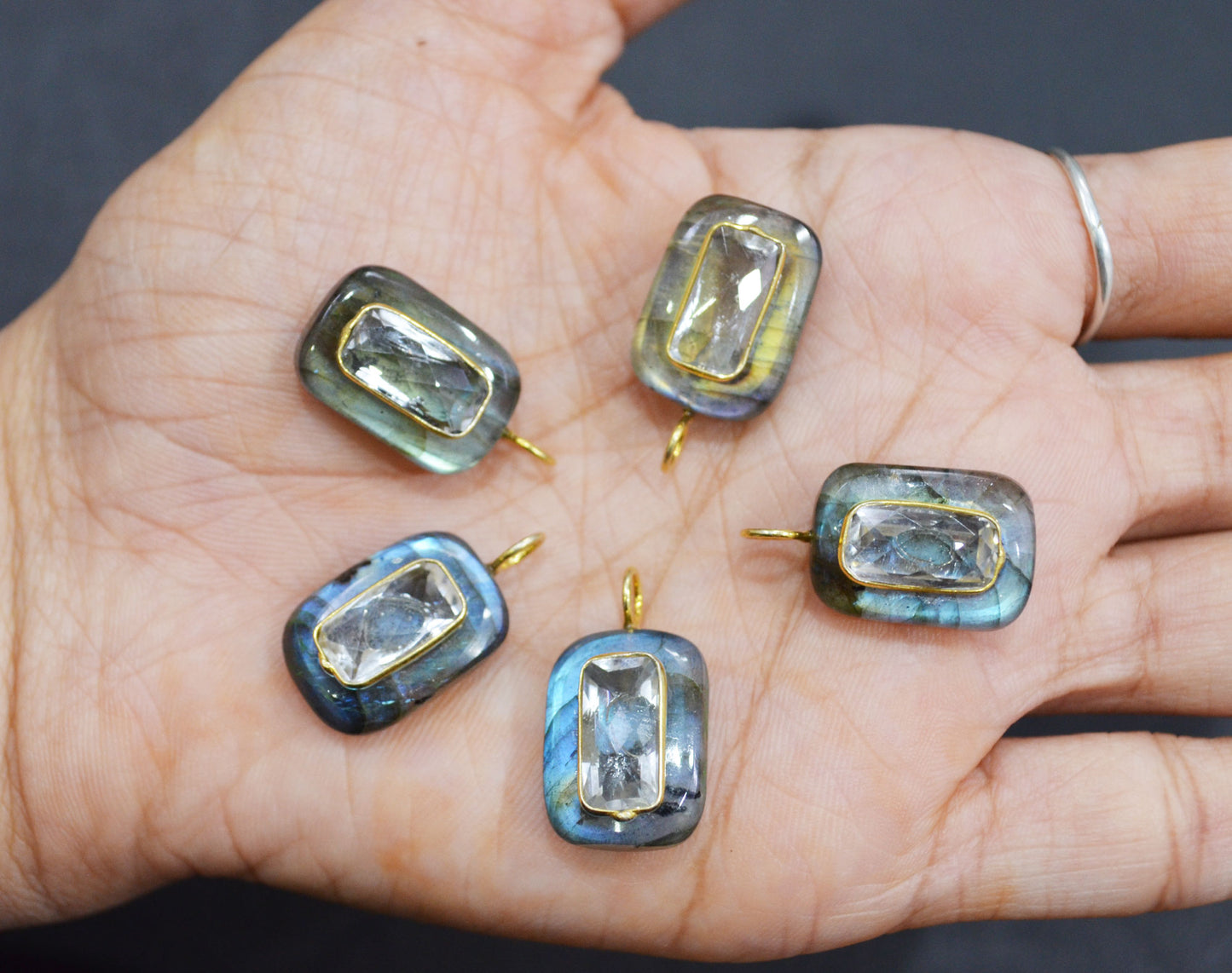 Labradorite Smooth Baguette Shape With Topaz Inlay Single Bail Connector , Sold By Piece , 13x17 mm , 32503