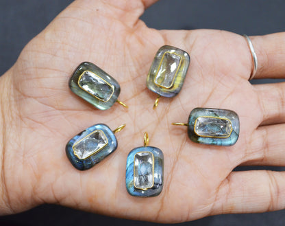 Labradorite Smooth Baguette Shape With Topaz Inlay Single Bail Connector , Sold By Piece , 13x17 mm , 32503