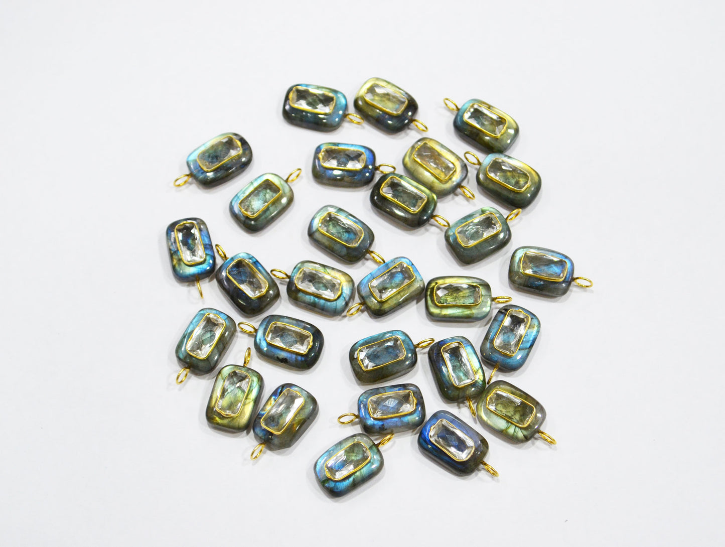 Labradorite Smooth Baguette Shape With Topaz Inlay Single Bail Connector , Sold By Piece , 13x17 mm , 32503