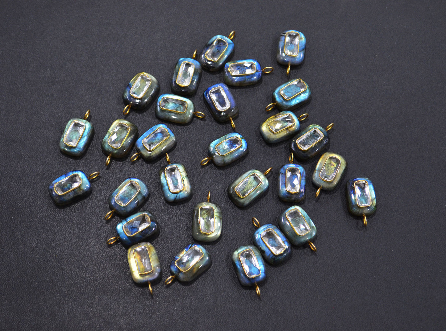 Labradorite Smooth Baguette Shape With Topaz Inlay Single Bail Connector , Sold By Piece , 13x17 mm , 32503