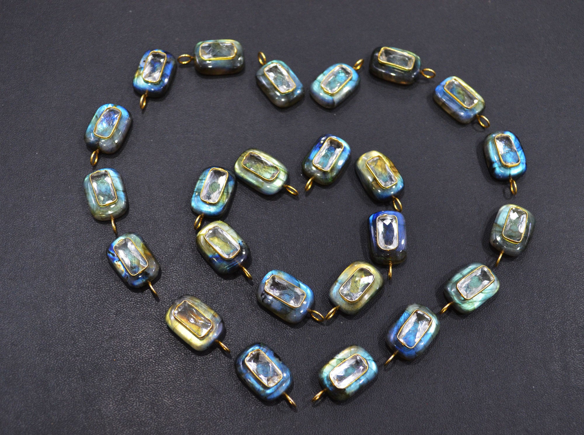 Labradorite Smooth Baguette Shape With Topaz Inlay Single Bail Connector , Sold By Piece , 13x17 mm , 32503
