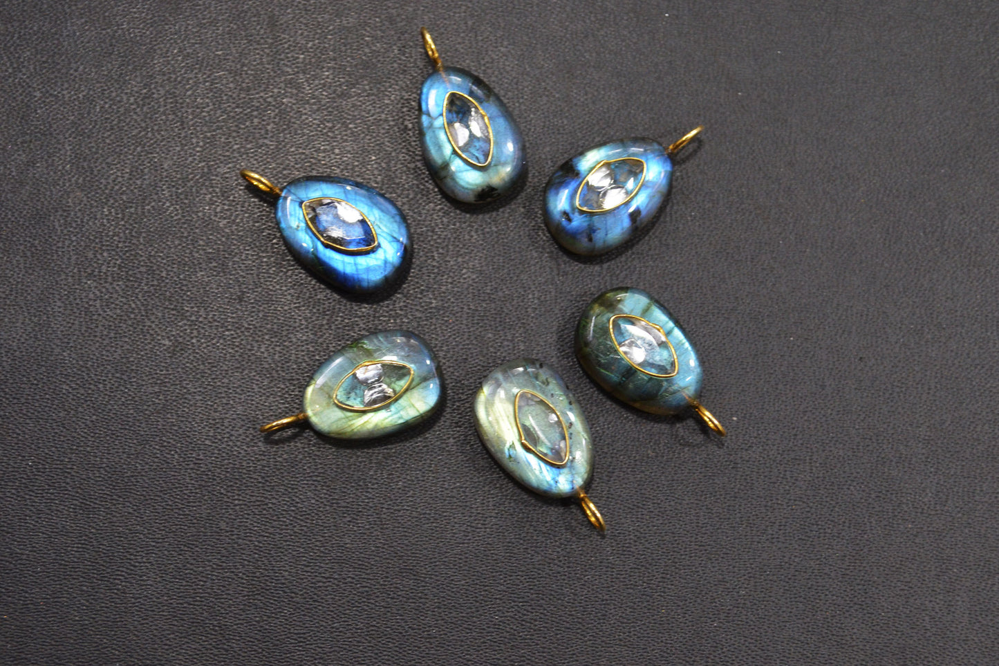 Labradorite Smooth Egg Shape With Topaz Inlay Single Bail Connector , Sold By Piece , 12x17 mm , 32505