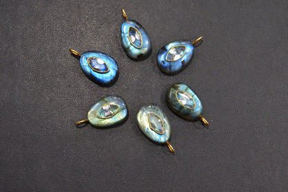 Labradorite Smooth Egg Shape With Topaz Inlay Single Bail Connector , Sold By Piece , 12x17 mm , 32505
