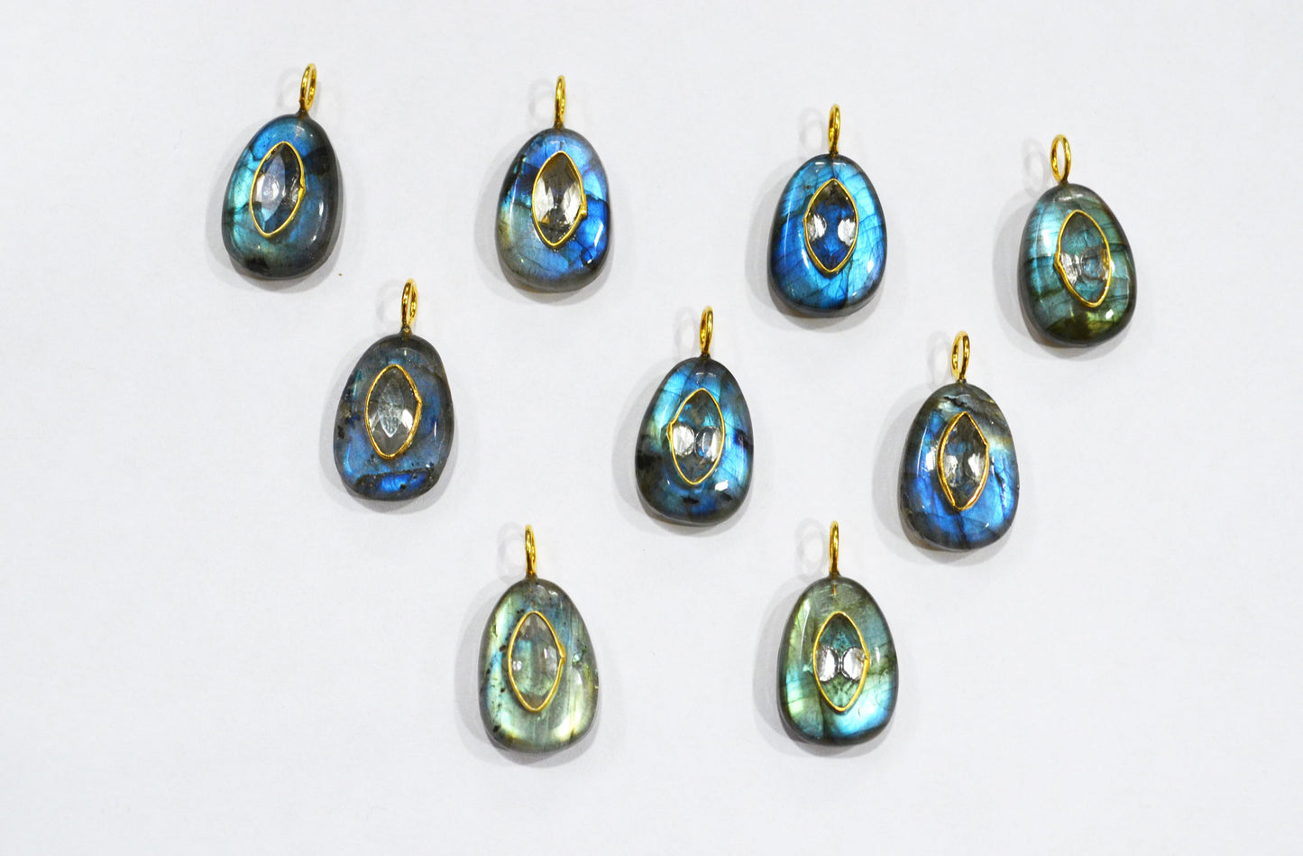 Labradorite Smooth Egg Shape With Topaz Inlay Single Bail Connector , Sold By Piece , 12x17 mm , 32505