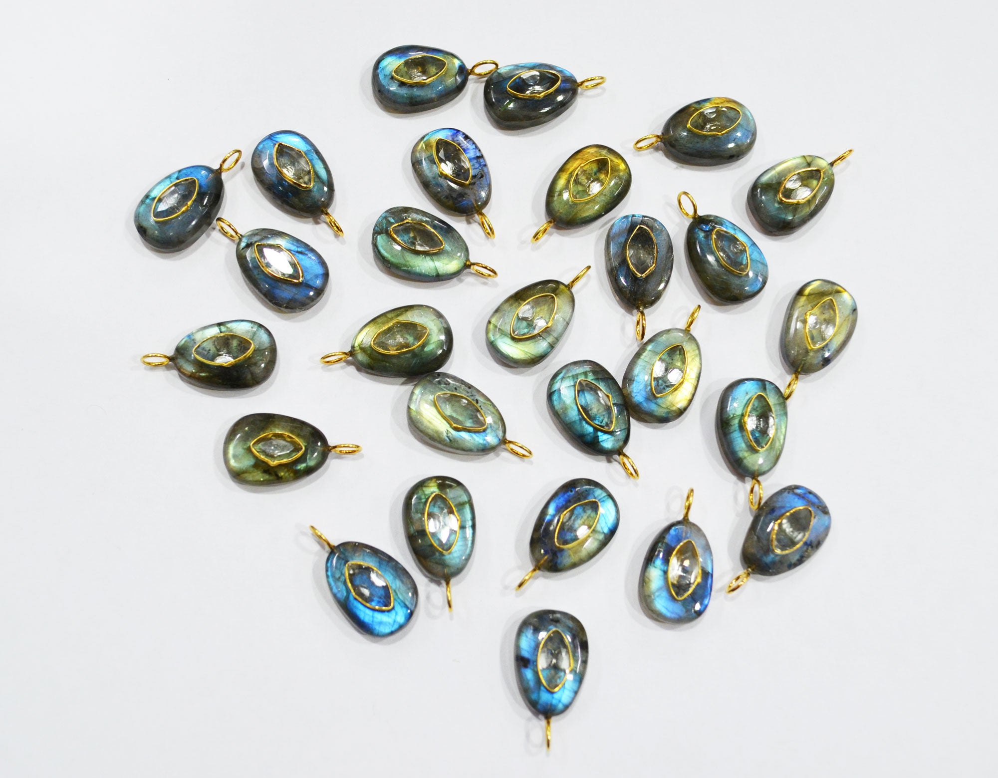 Labradorite Smooth Egg Shape With Topaz Inlay Single Bail Connector , Sold By Piece , 12x17 mm , 32505