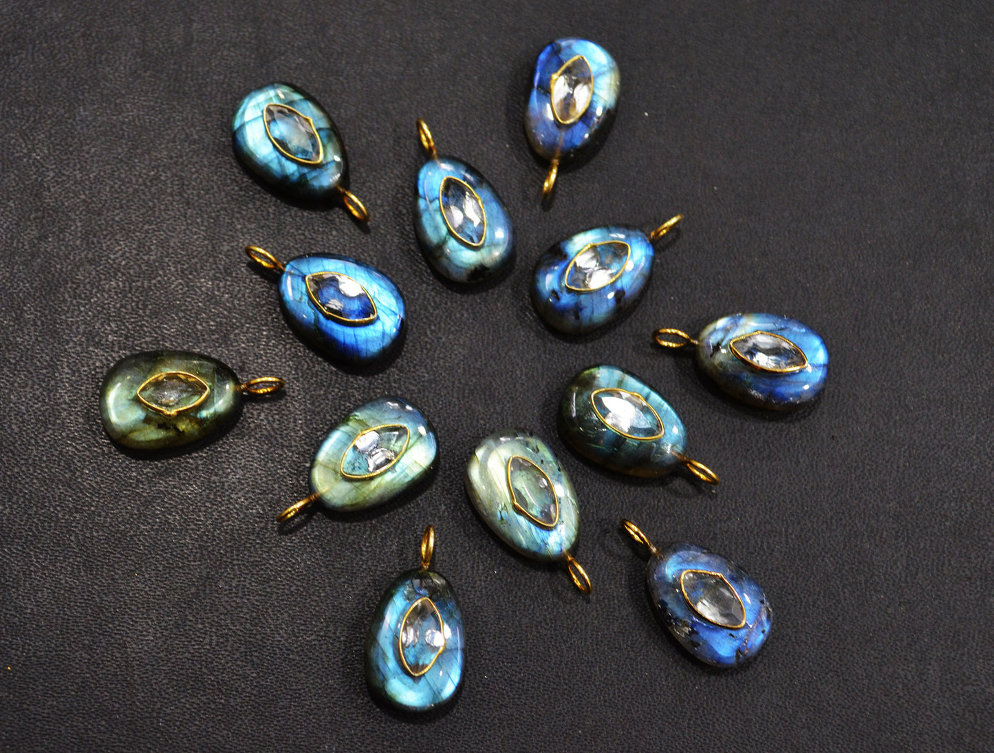 Labradorite Smooth Egg Shape With Topaz Inlay Single Bail Connector , Sold By Piece , 12x17 mm , 32505