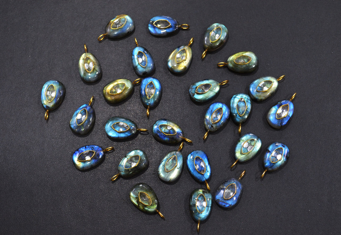 Labradorite Smooth Egg Shape With Topaz Inlay Single Bail Connector , Sold By Piece , 12x17 mm , 32505