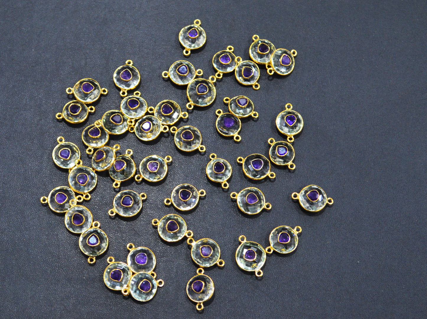 Green Amethyst Faceted Coin Shape With Amethyst Inlay Double Bail Connector , Sold By Piece , 12 - 14 mm , 32506