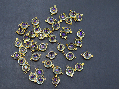 Green Amethyst Faceted Coin Shape With Amethyst Inlay Double Bail Connector , Sold By Piece , 12 - 14 mm , 32506