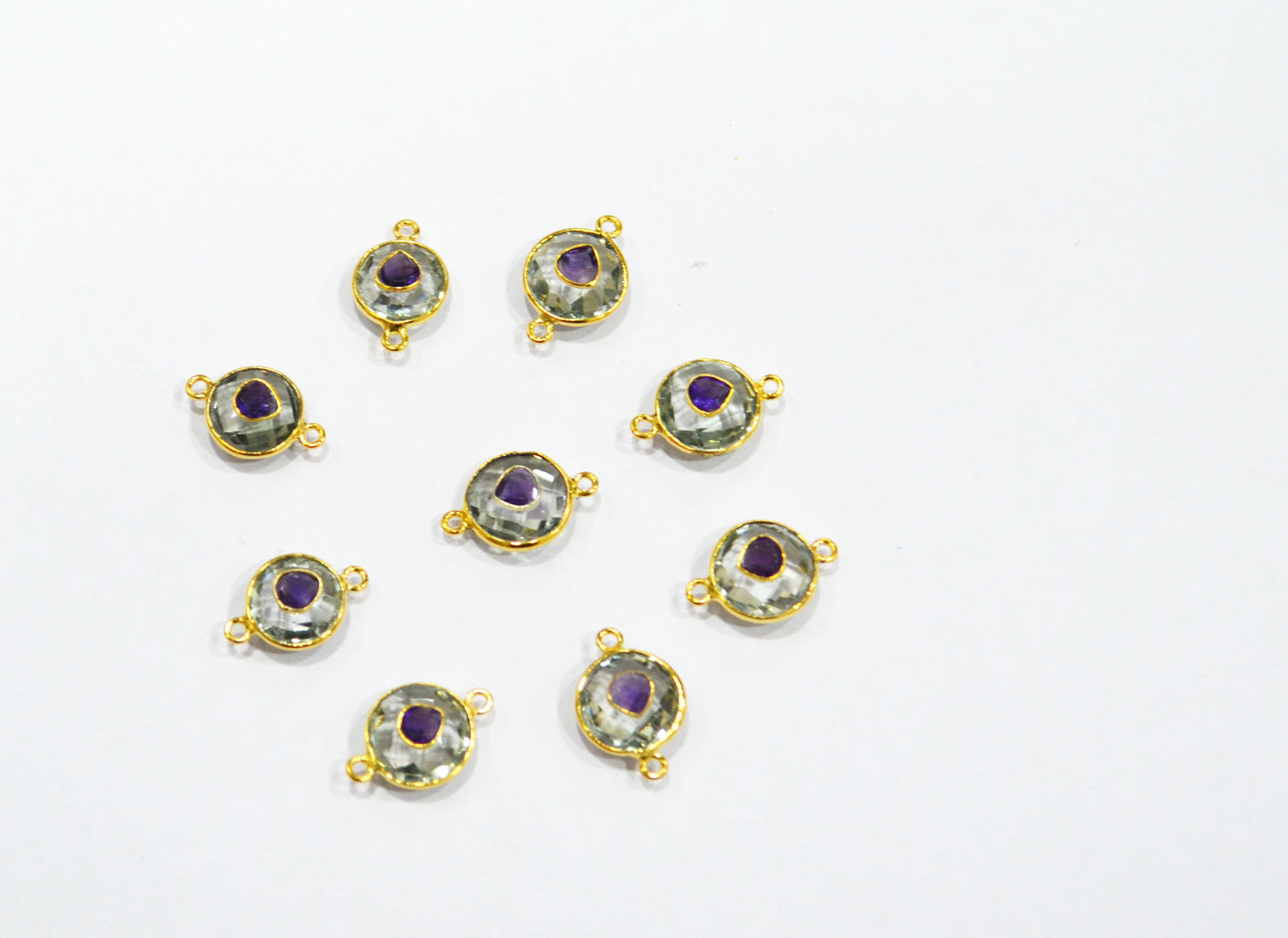 Green Amethyst Faceted Coin Shape With Amethyst Inlay Double Bail Connector , Sold By Piece , 12 - 14 mm , 32506