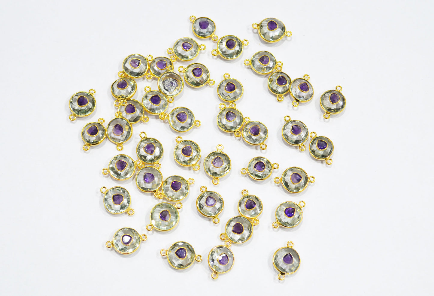 Green Amethyst Faceted Coin Shape With Amethyst Inlay Double Bail Connector , Sold By Piece , 12 - 14 mm , 32506