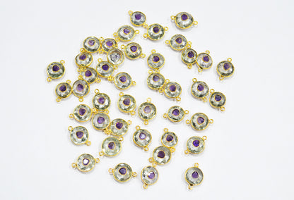 Green Amethyst Faceted Coin Shape With Amethyst Inlay Double Bail Connector , Sold By Piece , 12 - 14 mm , 32506