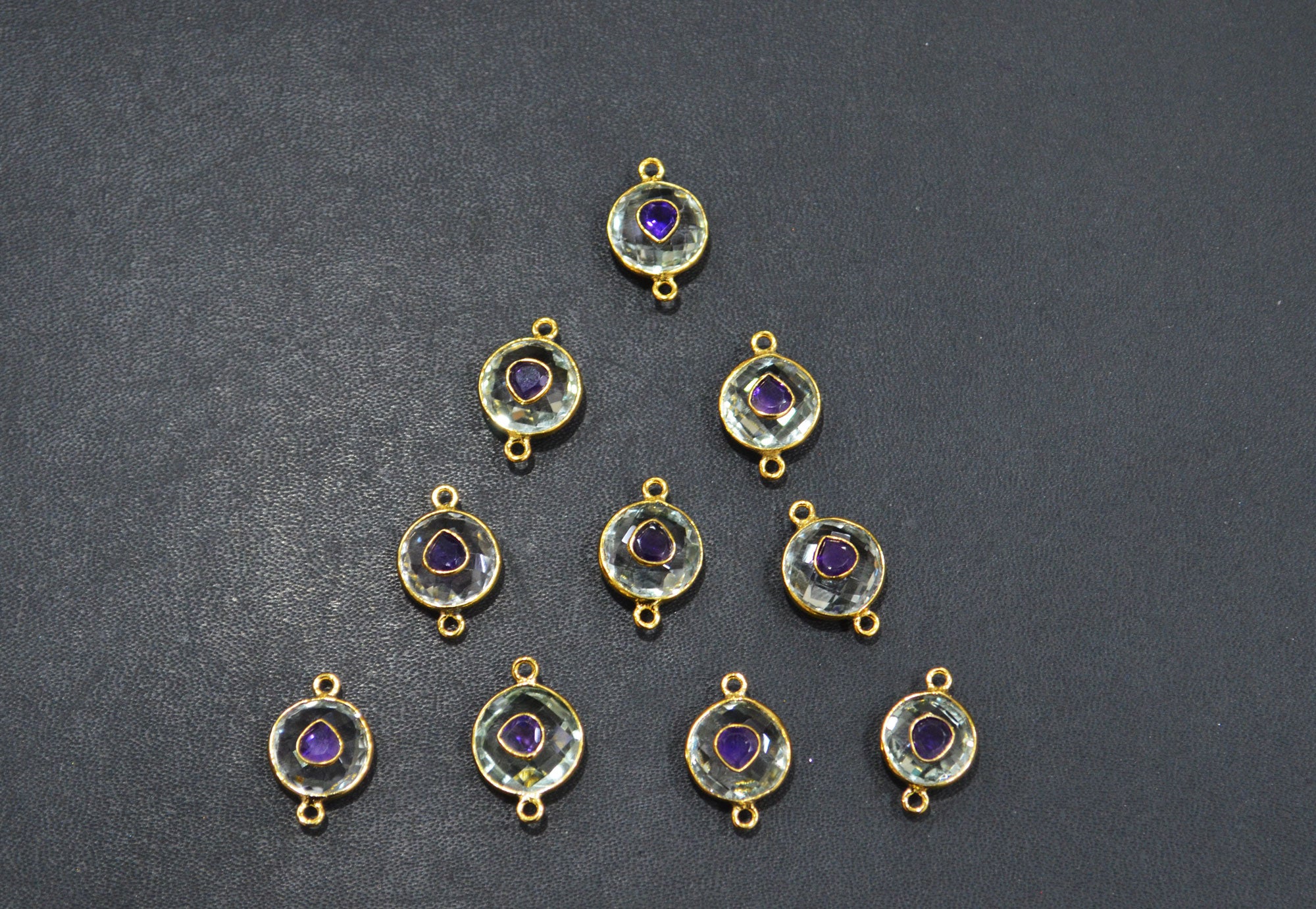 Green Amethyst Faceted Coin Shape With Amethyst Inlay Double Bail Connector , Sold By Piece , 12 - 14 mm , 32506