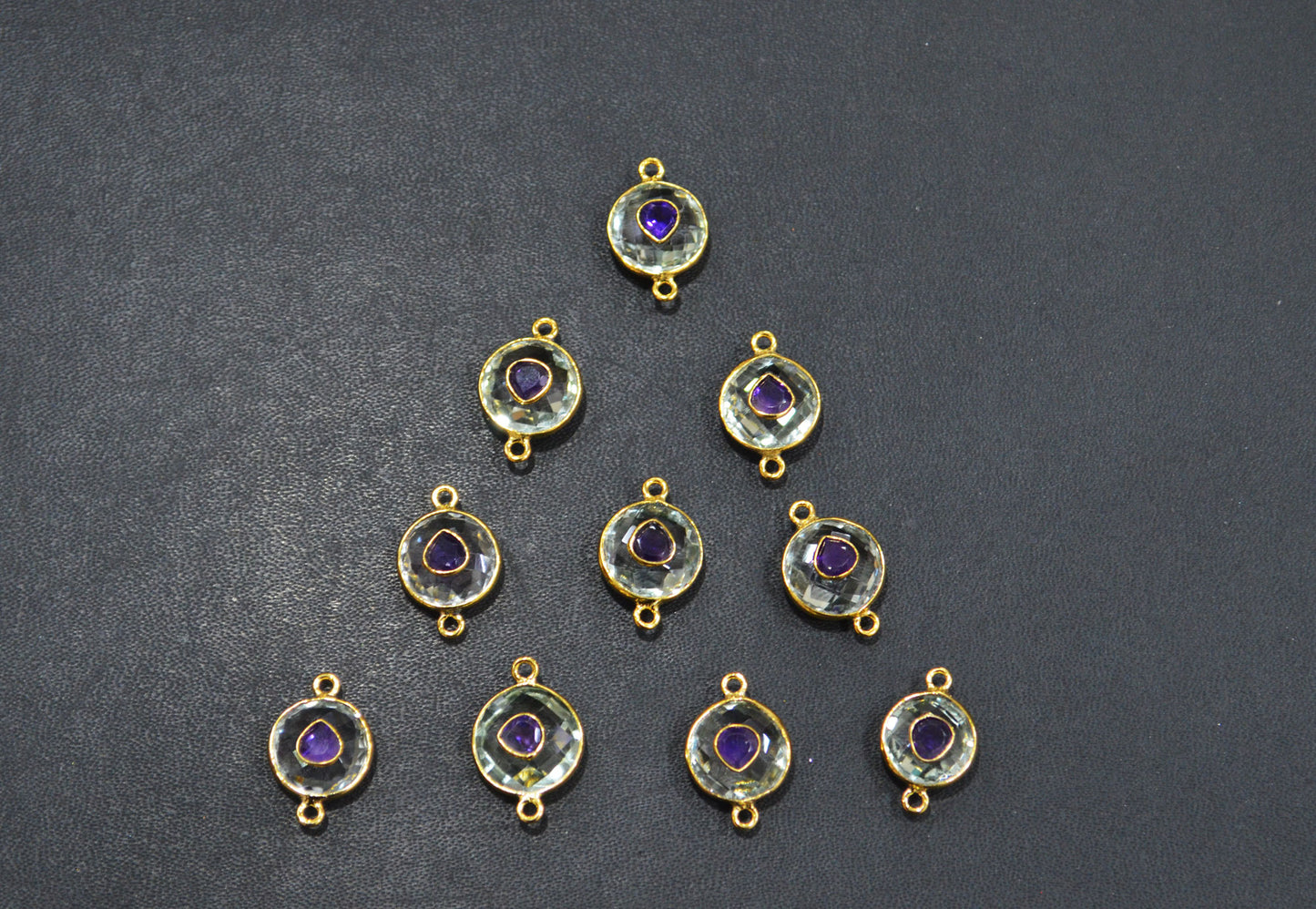 Green Amethyst Faceted Coin Shape With Amethyst Inlay Double Bail Connector , Sold By Piece , 12 - 14 mm , 32506
