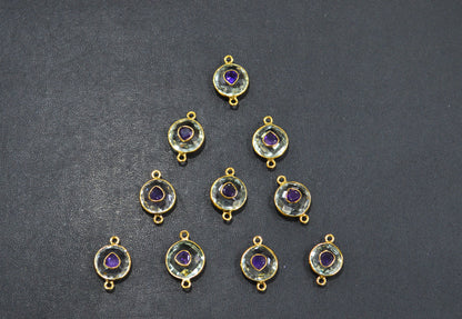 Green Amethyst Faceted Coin Shape With Amethyst Inlay Double Bail Connector , Sold By Piece , 12 - 14 mm , 32506