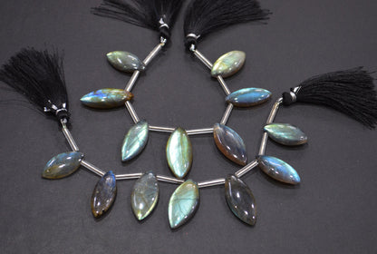 Labradorite Smooth Marquise Shape Beads , 7 Pieces In A Strand , 10x23 - 13x28 mm , 32538
