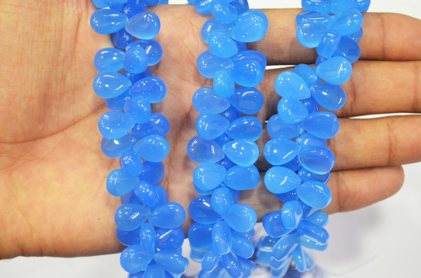 Blue chalcedony Side Drill smooth  Pear Shape Briolettes, Sold By Strand, 7 Inches, 9x13 mm, 32673